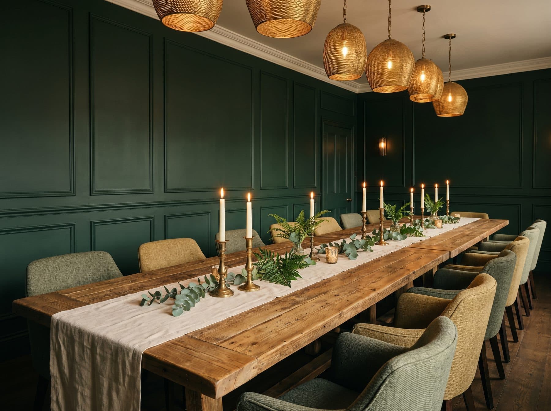 A long shared table set with candles in a green panelled room