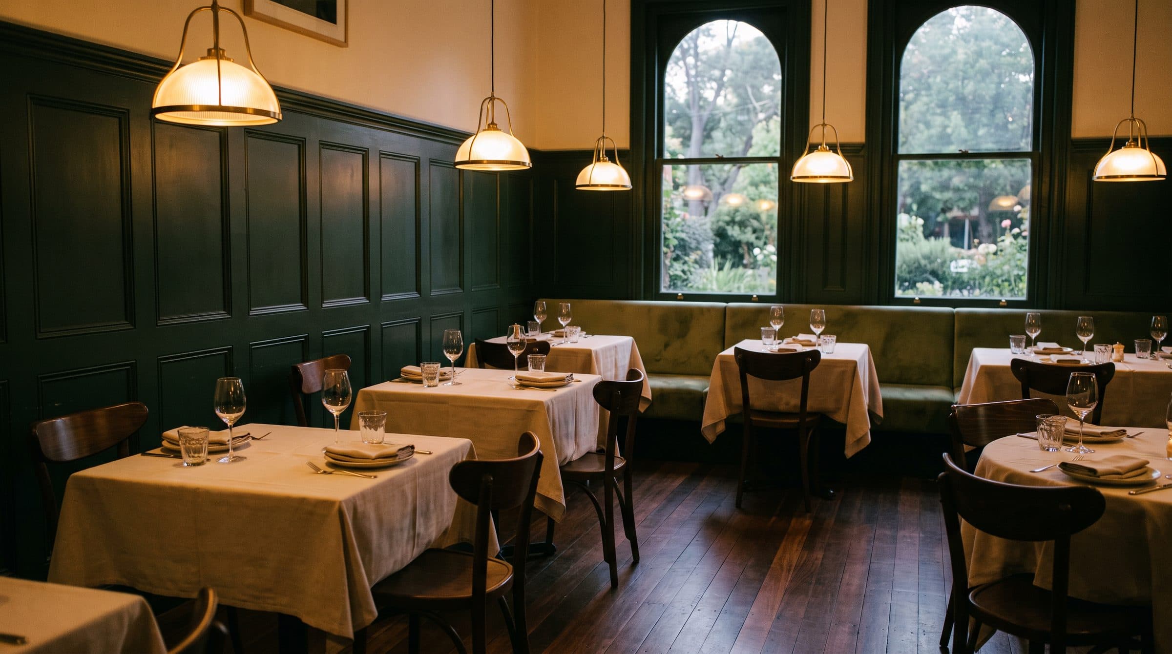 The dining room, set for evening service